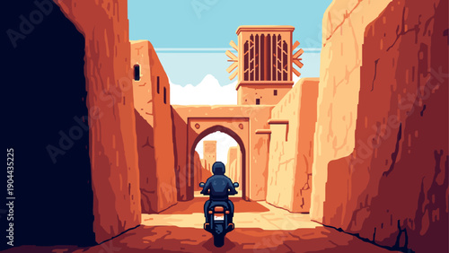 Retro pixel art: desert architecture and motorcyclist adventure in vibrant scene