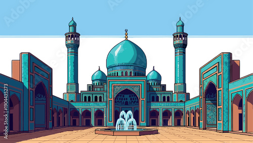 Majestic mosque with turquoise domes and courtyard fountain in pixel art style