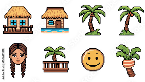 Tropical pixel art: palm trees, beach huts, and emoji vibes