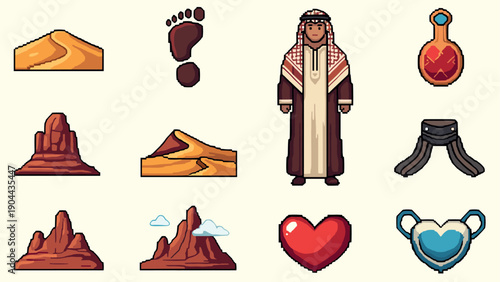 Middle eastern pixel art: traditional attire and desert landscapes