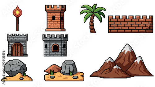 Retro pixel art medieval elements with towers and natural landscapes