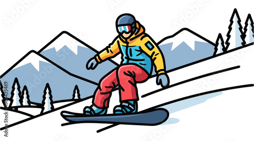 Professional Snowboarder Riding Down Snowy Mountain Trail