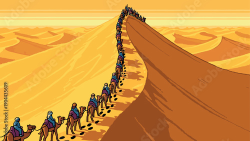 Pixel art camel caravan in desert sands under golden sky