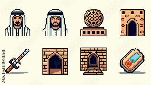 Pixel art middle eastern icons: architecture, culture, and history