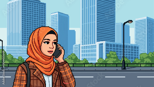 Urban hijab style: woman on phone in cityscape pixel art