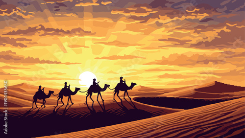 Caravan journey at sunset in desert landscape with dramatic sky