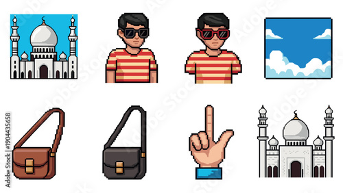 Pixel art mix: cityscape, portraits, and accessories in retro style