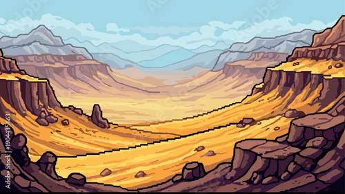 Pixel art desert landscape with canyons and mountains in retro style