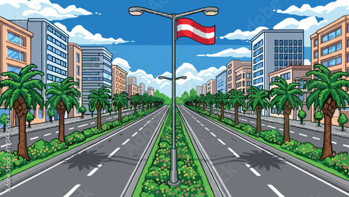 Retro pixel cityscape with palm trees and avenue under blue sky