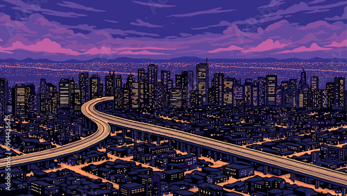Retro futuristic cityscape at dusk with neon highway and vibrant skyline