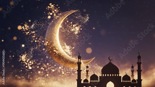 Ramadhan kareem illustration. Mosque silhouette. Crescent moon with sparkles. Night sky background. Ramadan mubarak design. Vector graphic. Islamic holiday symbol. Dark purple and gold