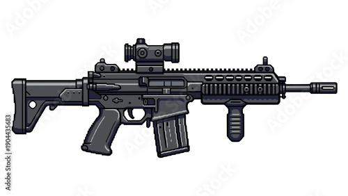 Detailed pixel art rifle design with modern tactical features