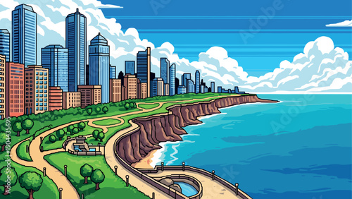 Pixel art coastal cityscape with skyscrapers, greenery, and ocean view