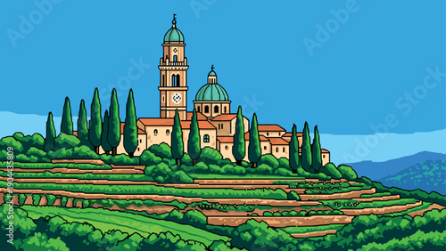Pixel art landscape with italian village and pine trees in scenic hillside setting