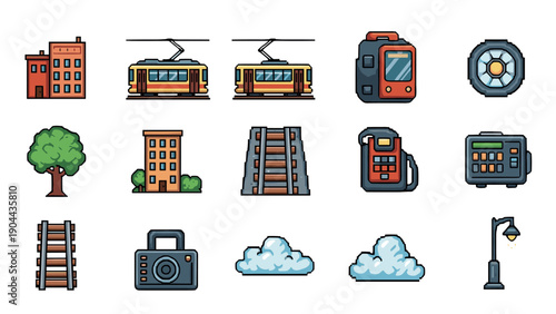 Pixel art urban transportation icons set with train, buildings, and gadgets