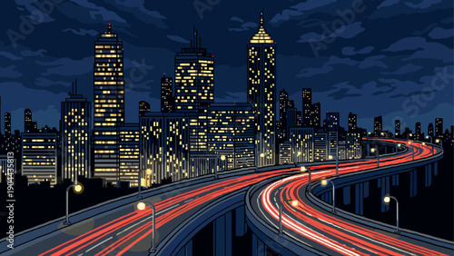 Pixel art night cityscape with illuminated skyscrapers and light trails