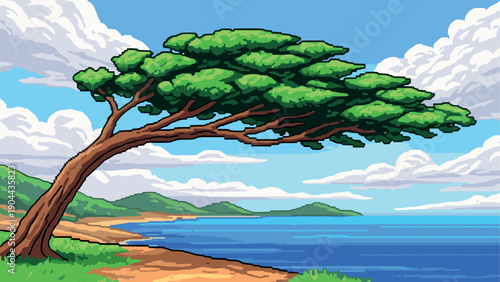 Pixel art coastal landscape with wind-swept tree and ocean view