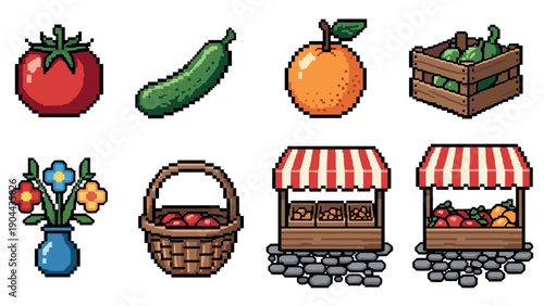 Retro pixel art market: vibrant produce and stalls in 8-bit style