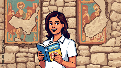 Smiling woman reading in ancient art gallery with mosaic walls