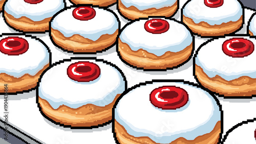 Pixel art iced cookies with red cherry topping in retro style