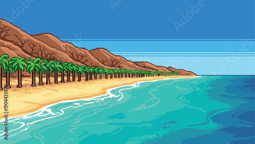 Retro pixel art beach scene with palm trees and mountains