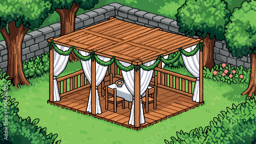 Charming pixel art gazebo with table and chairs in lush garden setting
