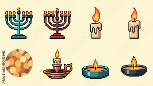 Retro pixel art candle set with menorah and decorative lights