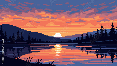 Pixel art sunset landscape with mountains and lake reflection