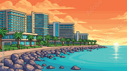 Coastal sunset cityscape with modern skyscrapers and palm trees in retro pixel art style