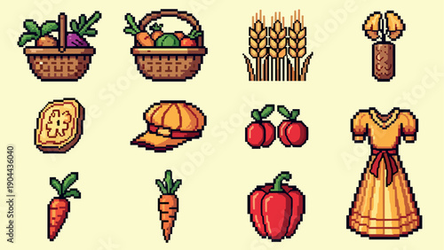 Harvest season pixel art: fruits, vegetables, and autumn symbols
