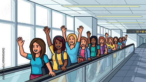 Diverse group of people waving on airport moving walkway in pixel art style