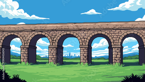 Ancient stone aqueduct on a sunny day with cityscape in the background