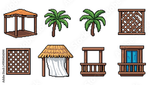 Retro pixel tropical elements with palm trees and cabanas for beach themed designs