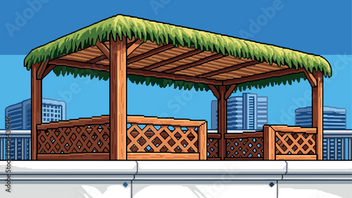 Isometric tropical gazebo with wooden lattice and grass roof on urban rooftop