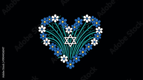 Floral heart design with star motif on black background