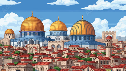 Colorful pixel art city skyline with iconic domes and cloudy sky