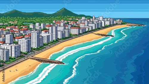 Vibrant coastal city skyline in pixel art style with ocean waves and sandy beach
