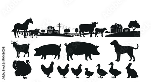 Collection of detailed black silhouettes representing various common farm animals and rural scenery elements