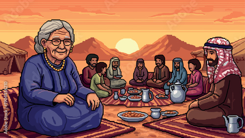 Pixel art family gathering in desert at sunset with traditional middle eastern setting