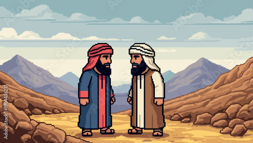 Pixel art meeting in desert landscape with mountain view