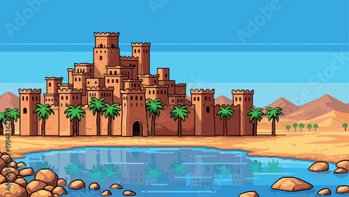 Ancient desert fortress by oasis reflecting in serene water with vibrant sky