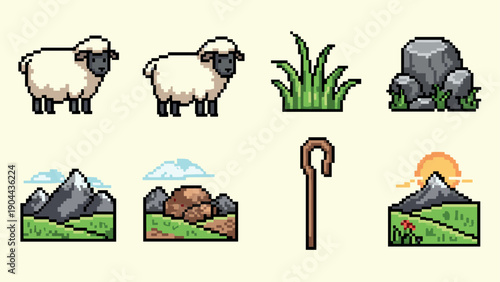 Pixel art farm animals and landscape elements featuring sheep and natural scenery