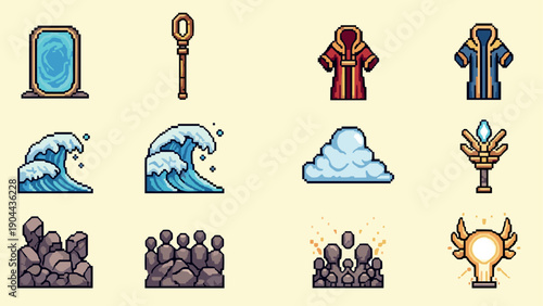 Retro fantasy icons: magical items and elements in pixel art style