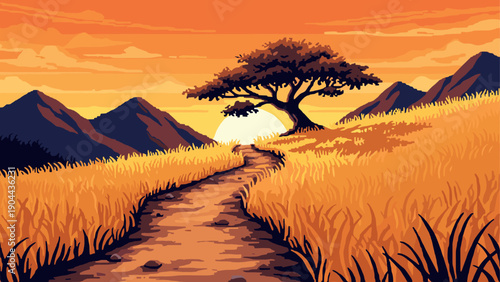 Scenic pixel art landscape with tree at sunset on mountain path