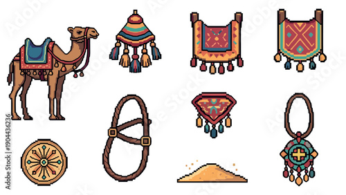 Pixel art desert adventure: camel and colorful accessories collection