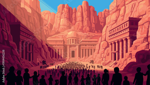 Ancient city in mountainous landscape with silhouetted crowd under dramatic sky