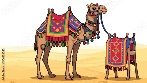 Colorful pixel art camel with traditional saddle in desert scene