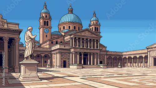 Classical architecture in vintage pixel art style featuring grand cathedral