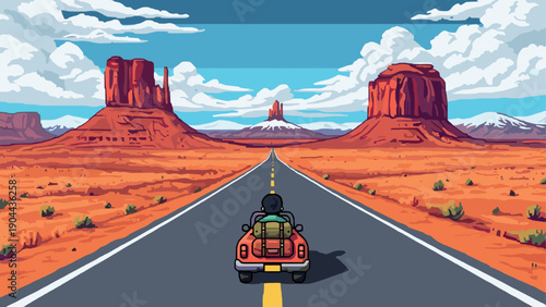 Road trip adventure through monument valley in retro pixel art style