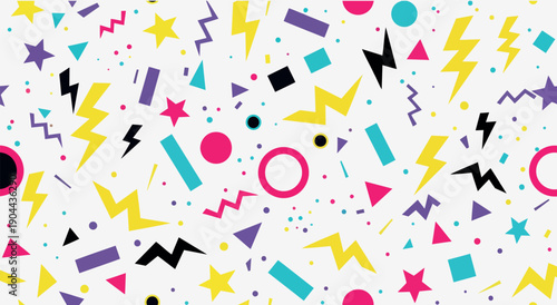 White Abstract Memphis Pattern with Colorful Shapes